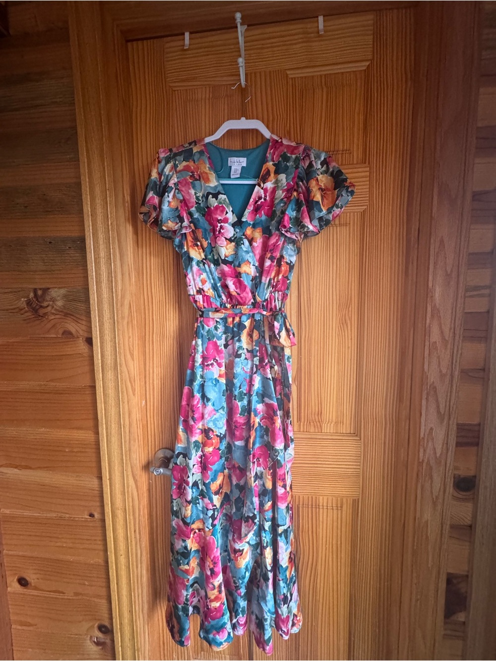 Nicole Miller Floral Midi Dress in Teal, Pink, Orange - Picture 3 of 3